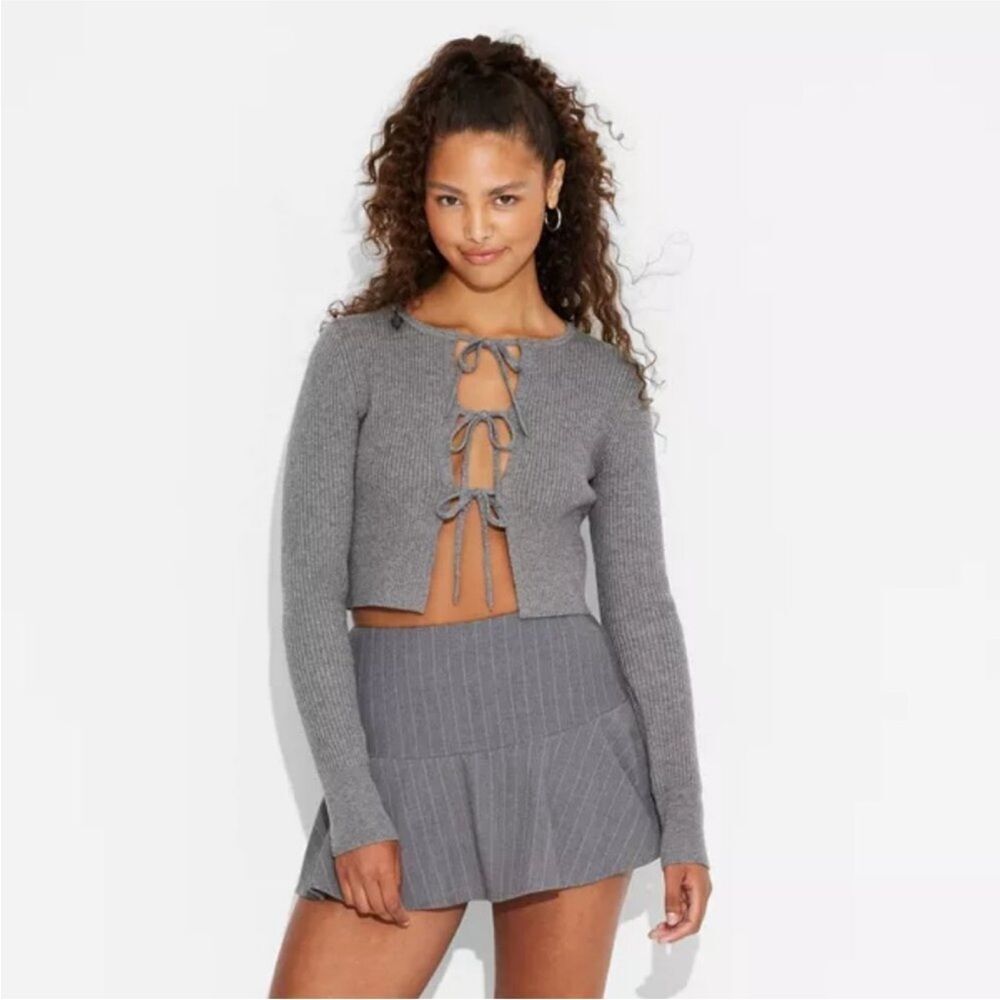 Target Wild Fable Gray Ribbed Fly Away Sweater with Tie Front